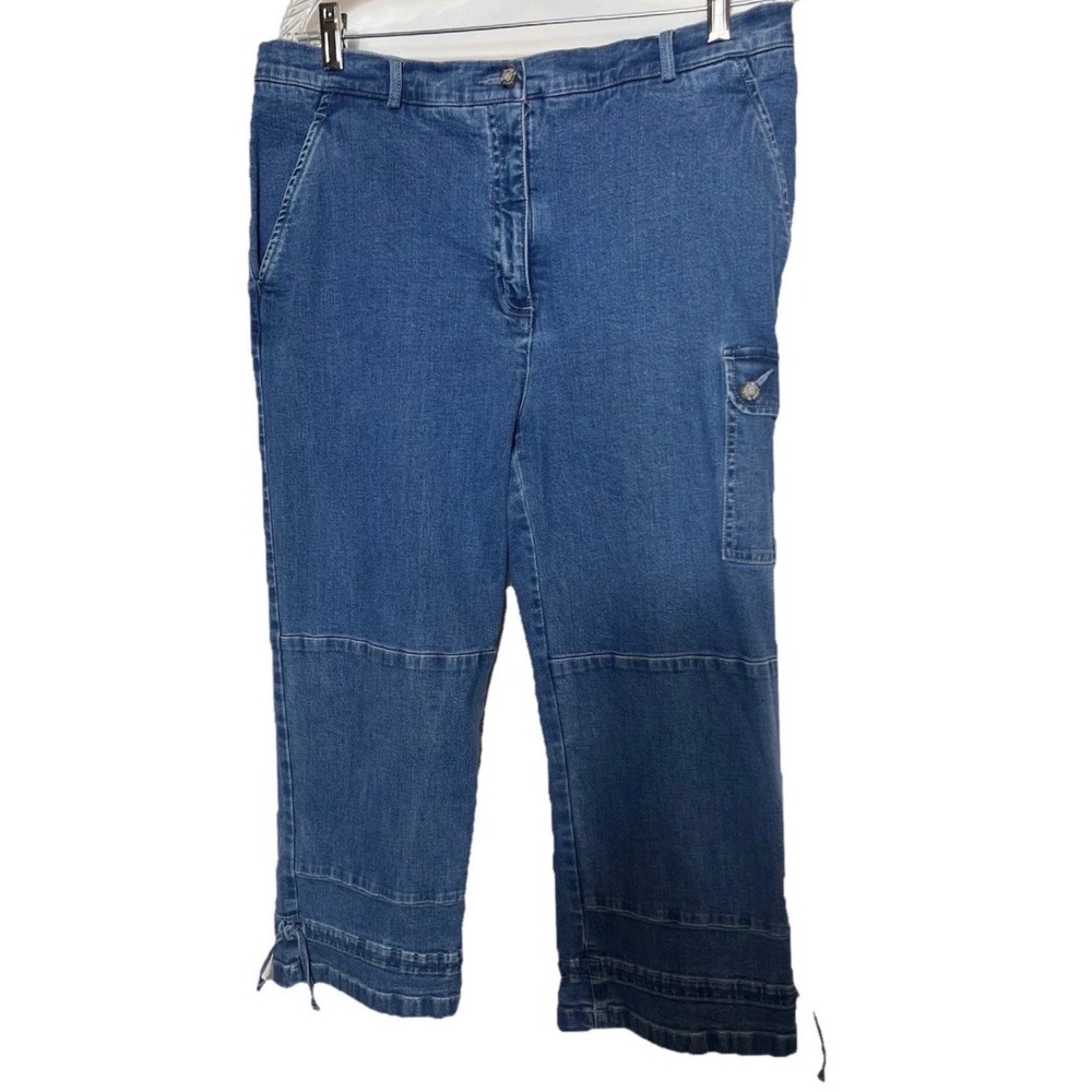 Westbound Womens Blue Stretch Denim Cargo Capri Pants Bungee Hem Size 14 NEW